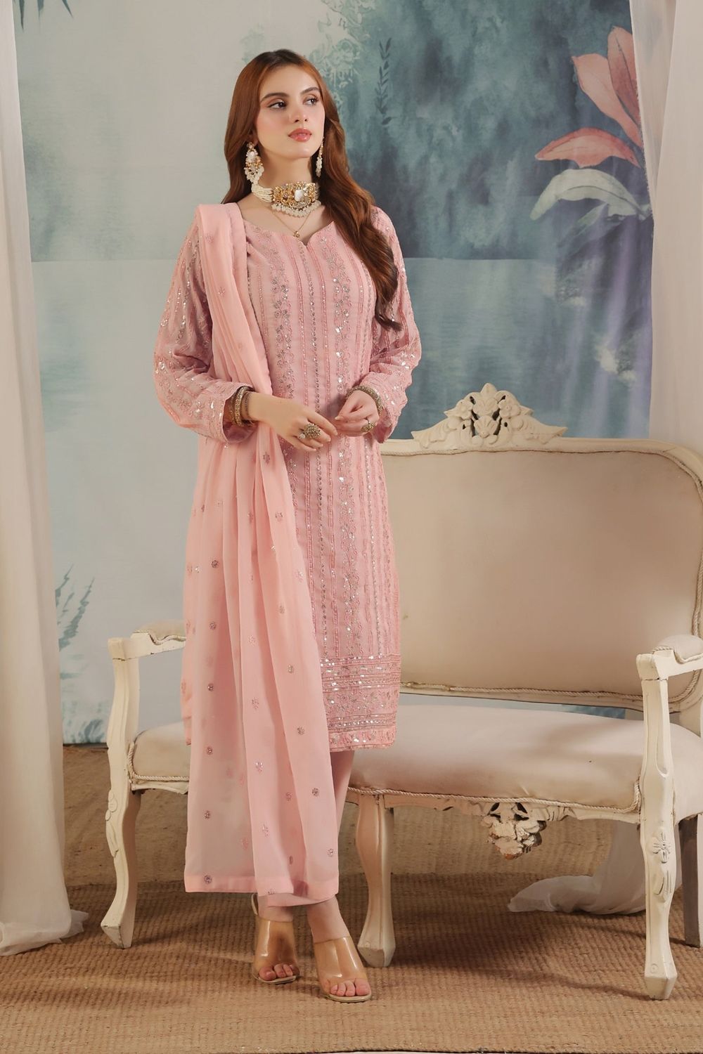 Tea Rose Pink Embroidered Chiffon Partywear Suit Online in Dubai UAE Abudhabi Ajman Sharjah