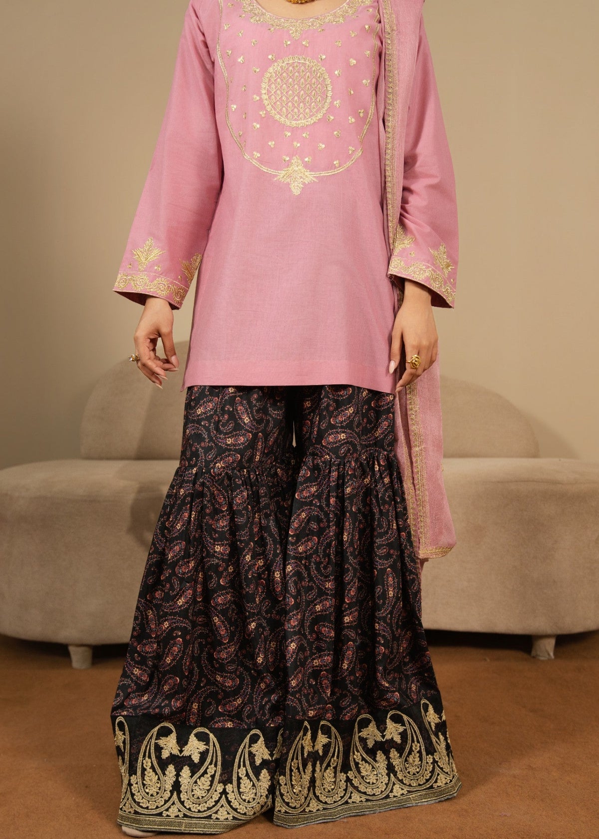 Tea Rose Pink Embroidered Cotton Gharara Online in Sri Lanka India Australia