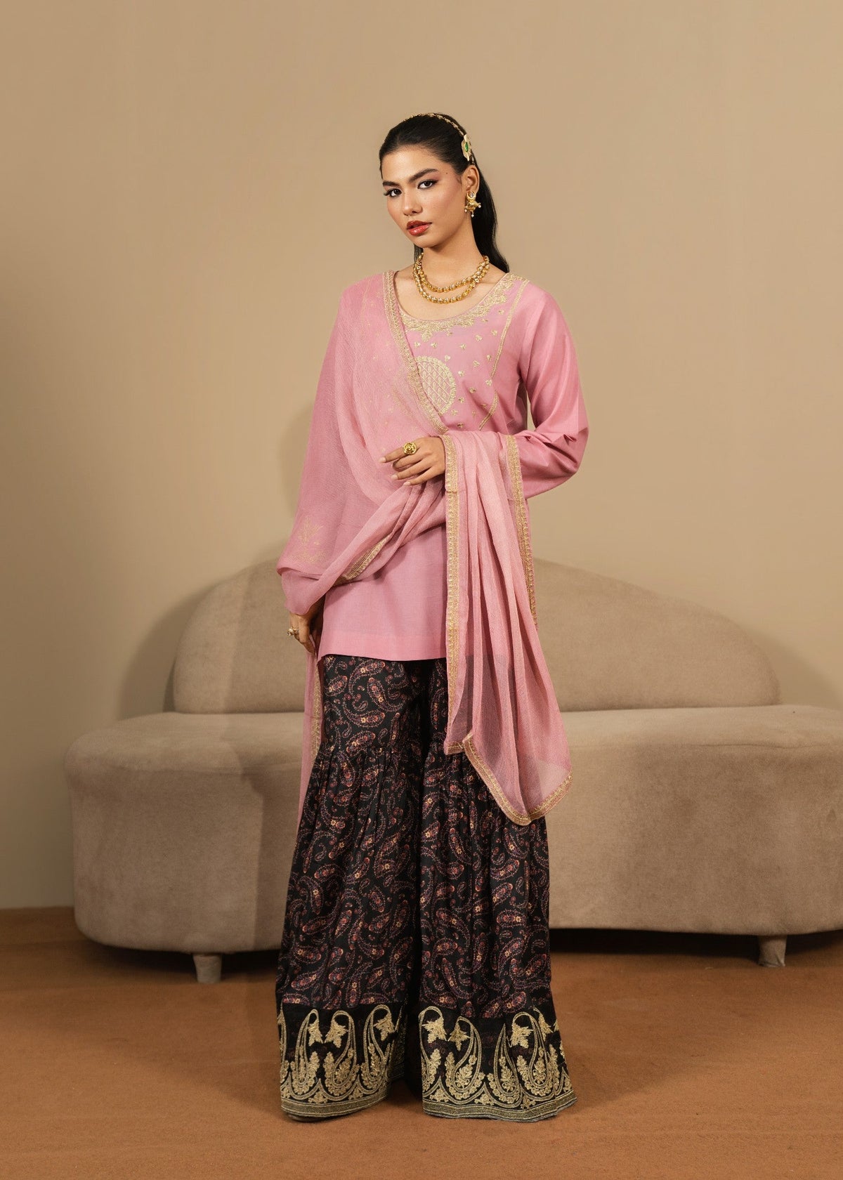 Tea Rose Pink Embroidered Gharara Online in Dubai DXB UAE Abudhabi Meena Bazaar