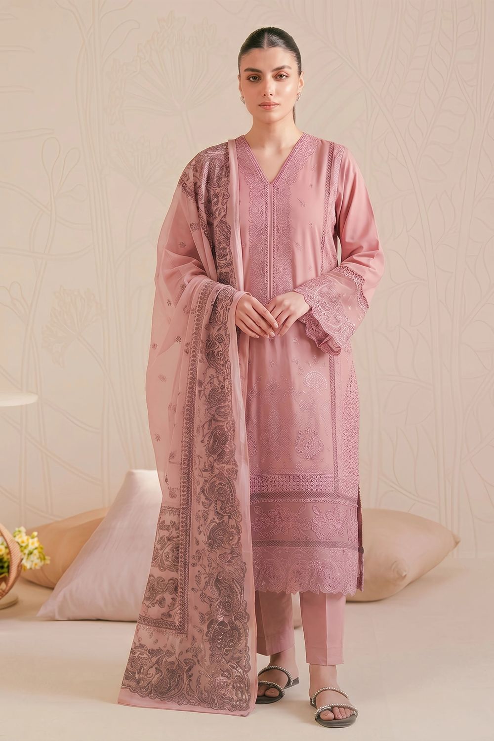 Tea Rose Pink Embroidered Lawn Cotton Kurta Set Online in Dubai UAE Abudhabi Ajman Sharjah