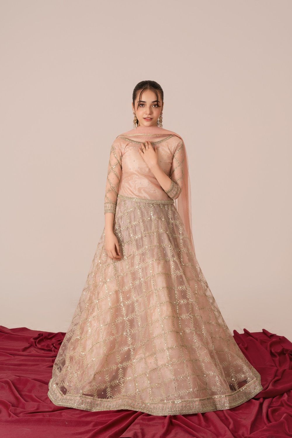 Tea Rose Pink Embroidered Net Lehenga Choli Online in Dubai UAE Abudhabi Ajman Sharjah