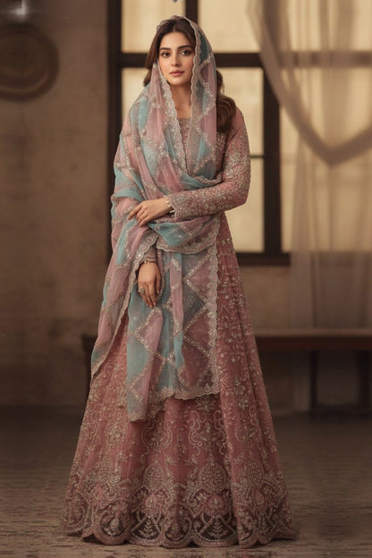Tea Rose Pink Embroidered Organza Pakistani Suit Online in Dubai UAE Abudhabi Ajman Sharjah
