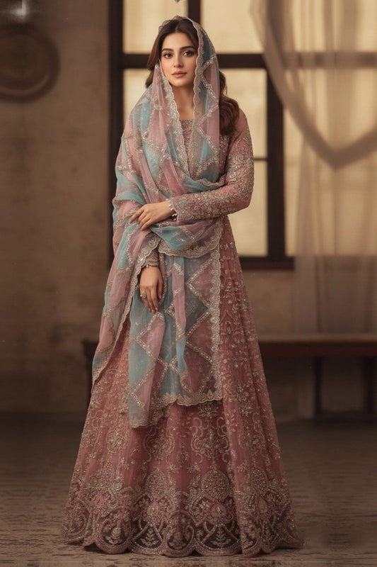 Tea Rose Pink Embroidered Organza Pakistani Suit Online in Dubai UAE Abudhabi Ajman Sharjah