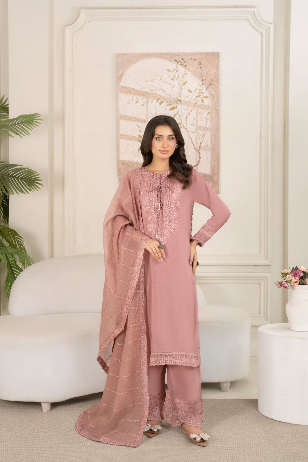 Tea Rose Pink Embroidered Raw Silk Salwar Kameez Online in Dubai UAE Abudhabi Ajman Sharjah