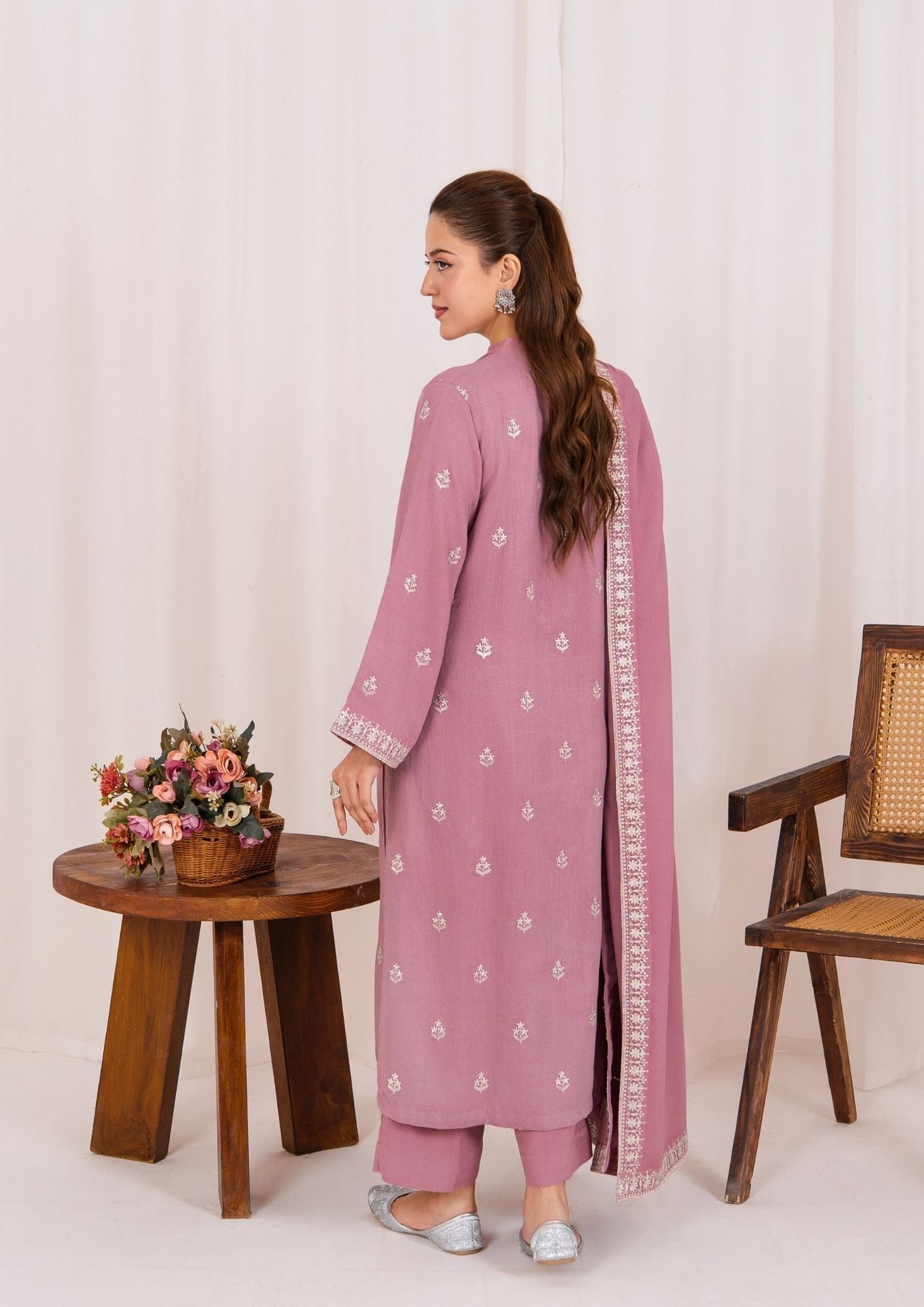 Tea Rose Pink Embroidered Silk Karandi Long Kurta Suit Online in Dubai DXB UAE Abudhabi Meena Bazaar