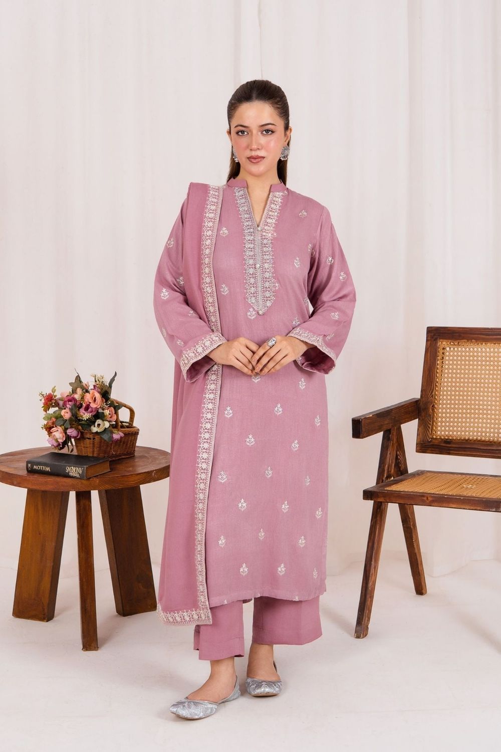 Tea Rose Pink Embroidered Silk Karandi Straight Trouser Suit Online in Dubai UAE Abudhabi Ajman Sharjah