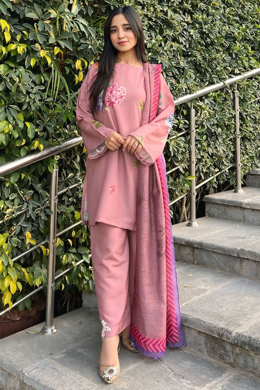 Tea Rose Pink Printed Raw Silk Pakistani Suit Online in Dubai UAE Abudhabi Ajman Sharjah