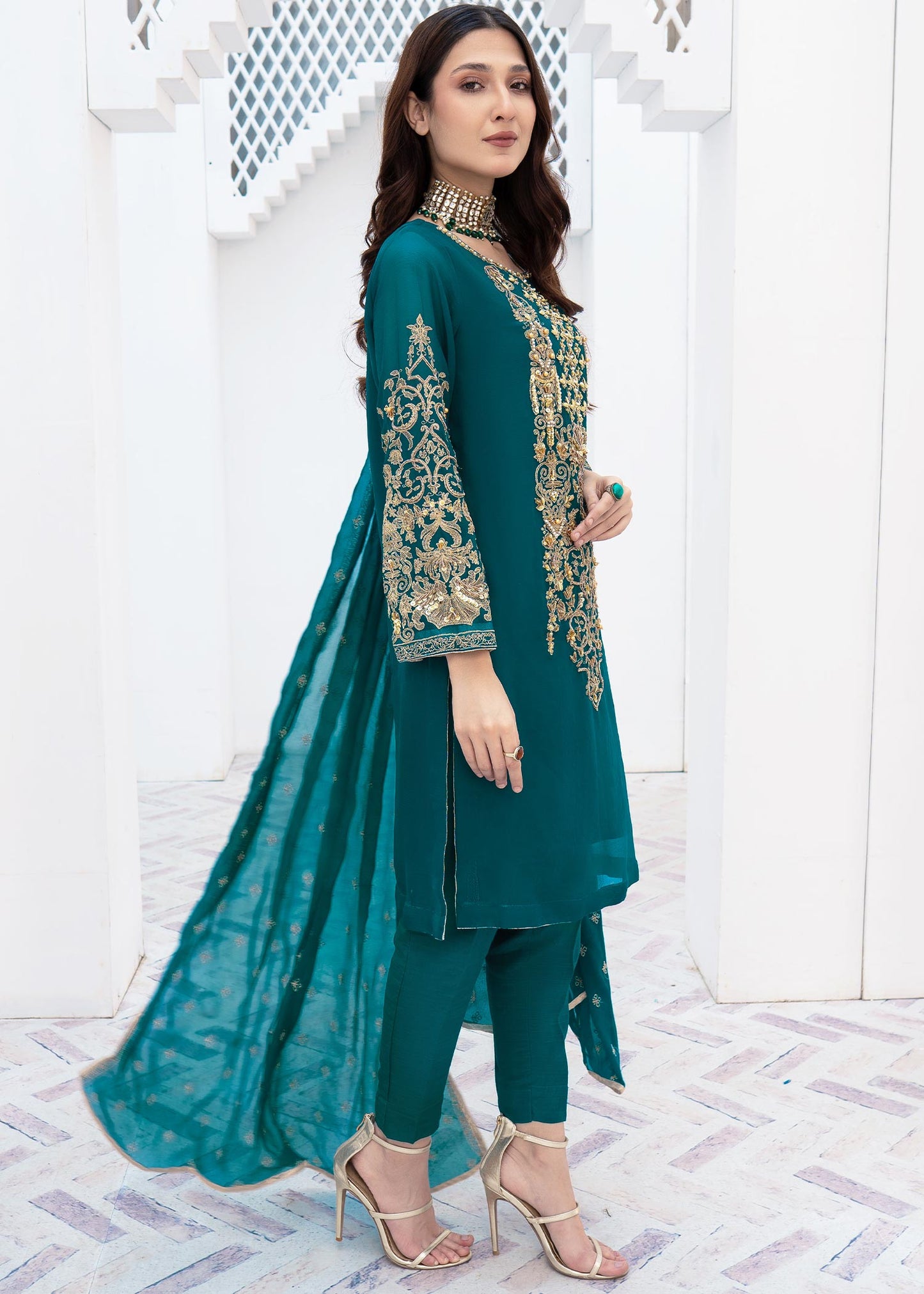 Teal Adda Work Chiffon Salwar Kameez Online in Dubai DXB UAE Abudhabi Meena Bazaar