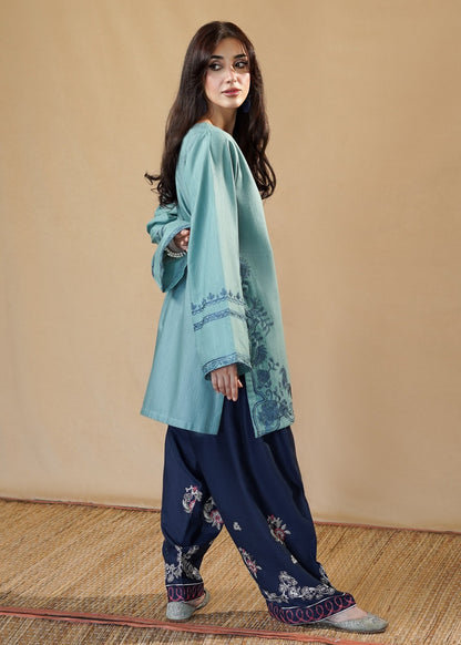 Teal and Navy Slub Khaddar with Embroidered Hem Online in Sri Lanka India Australia