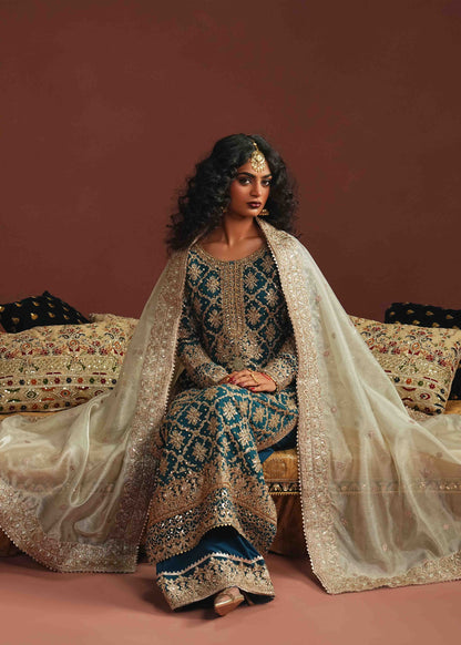 Teal Blue Chiffon Formal Suit with Potli Bag Online in Dubai UAE Abudhabi Ajman Sharjah