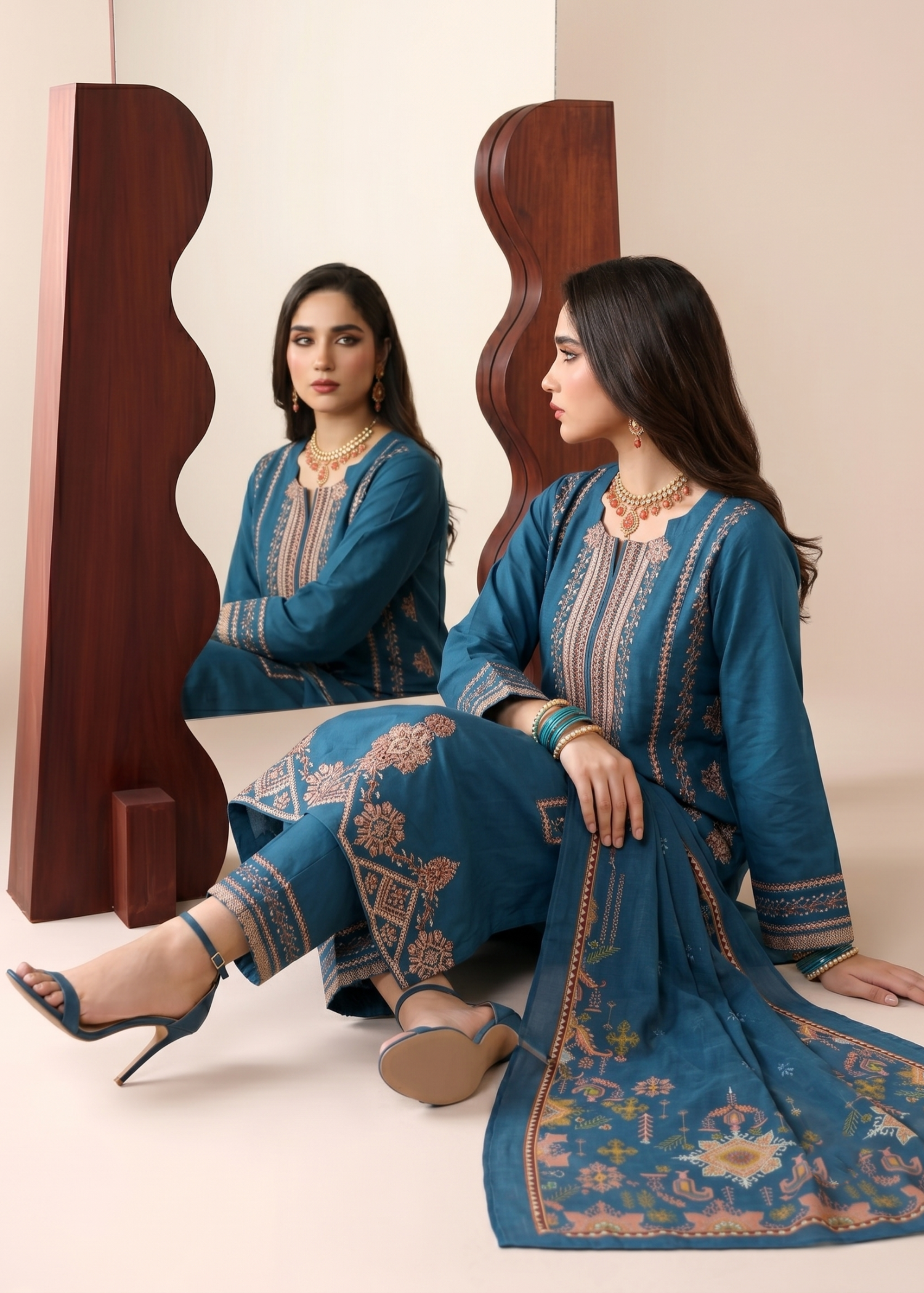 Teal Blue Embroidered Lawn Dress Material Online in Sri Lanka India Australia
