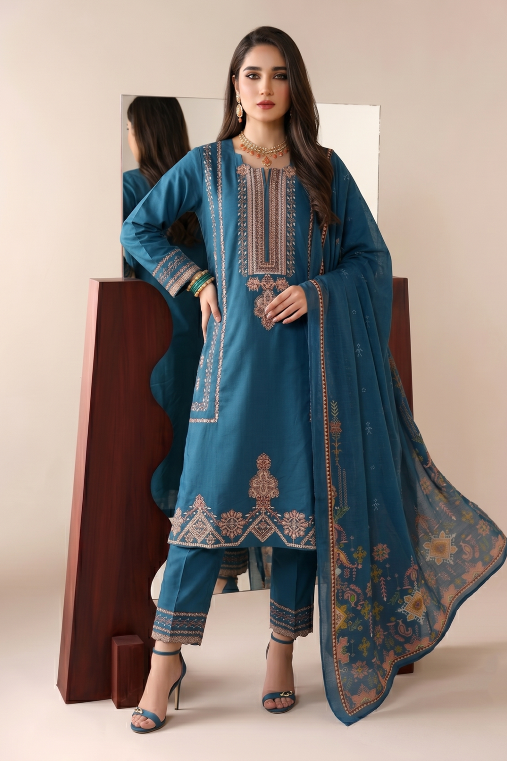 Teal Blue Embroidered Lawn Partywear Suit Online in Dubai UAE Abudhabi Ajman Sharjah
