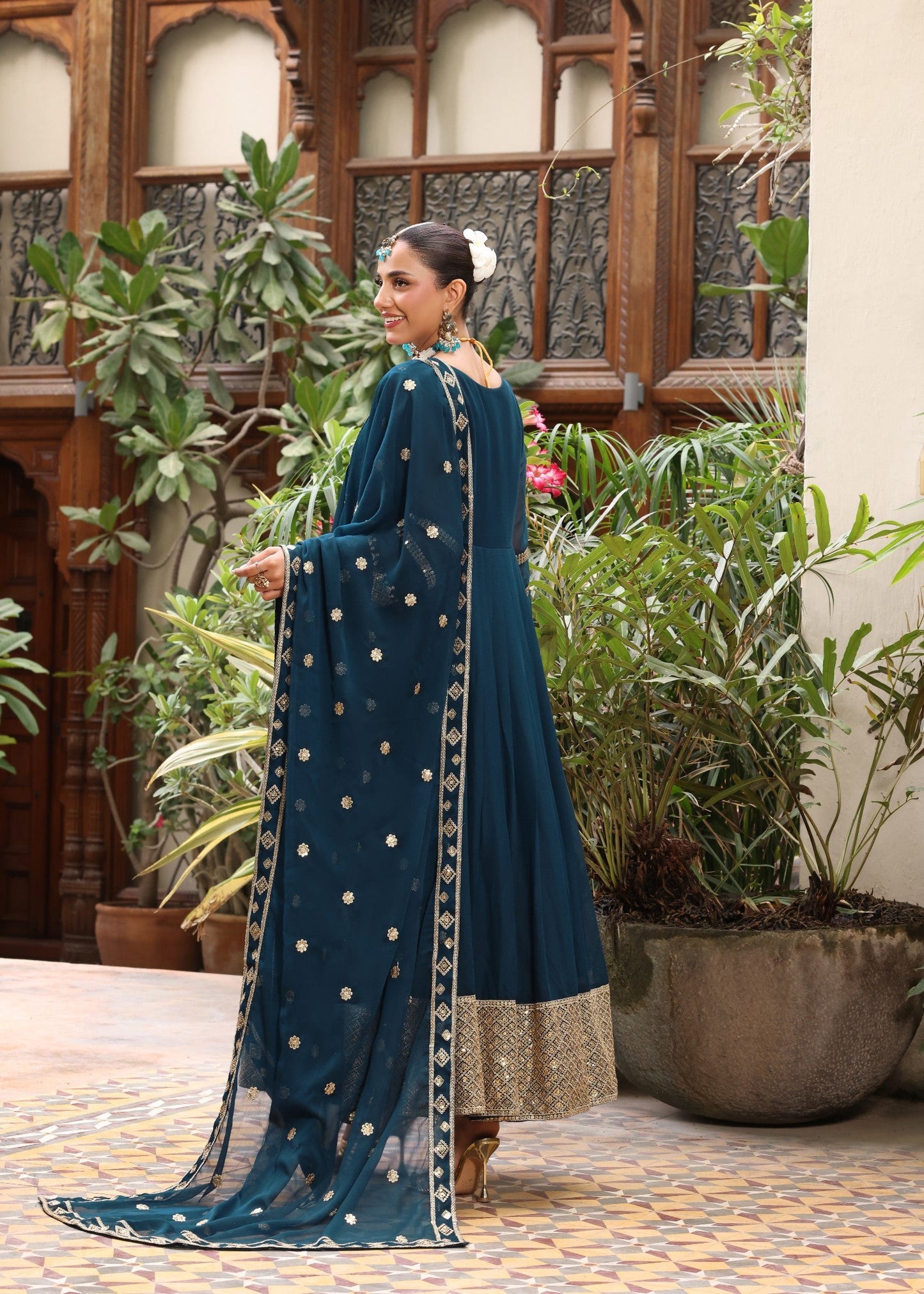 Teal Chiffon 3 Piece Partywear Outfit Online in Dubai UAE Abudhabi Ajman Sharjah