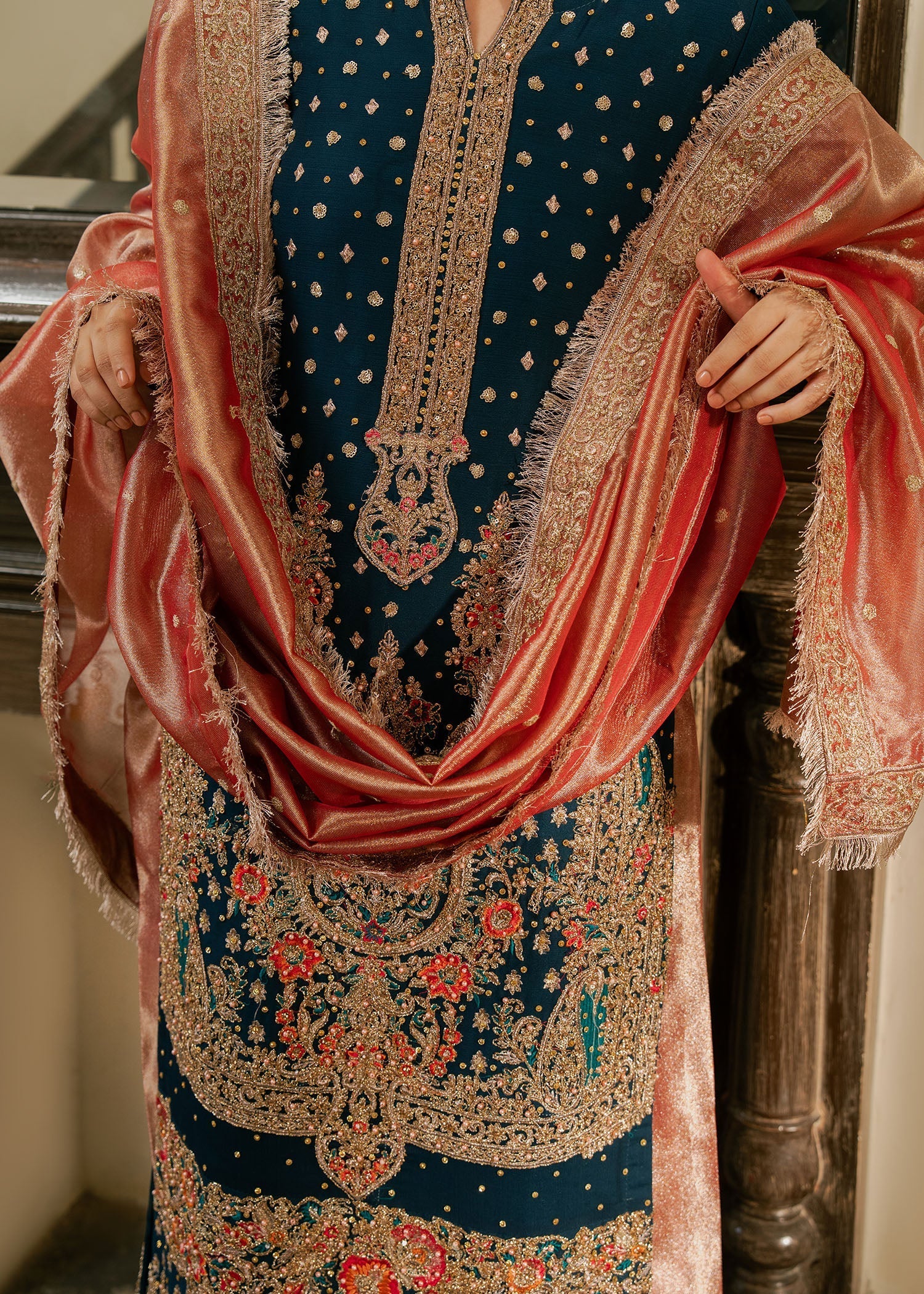 Teal Chiffon Embellished Wedding Guest Outfit Online in UK USA Canada