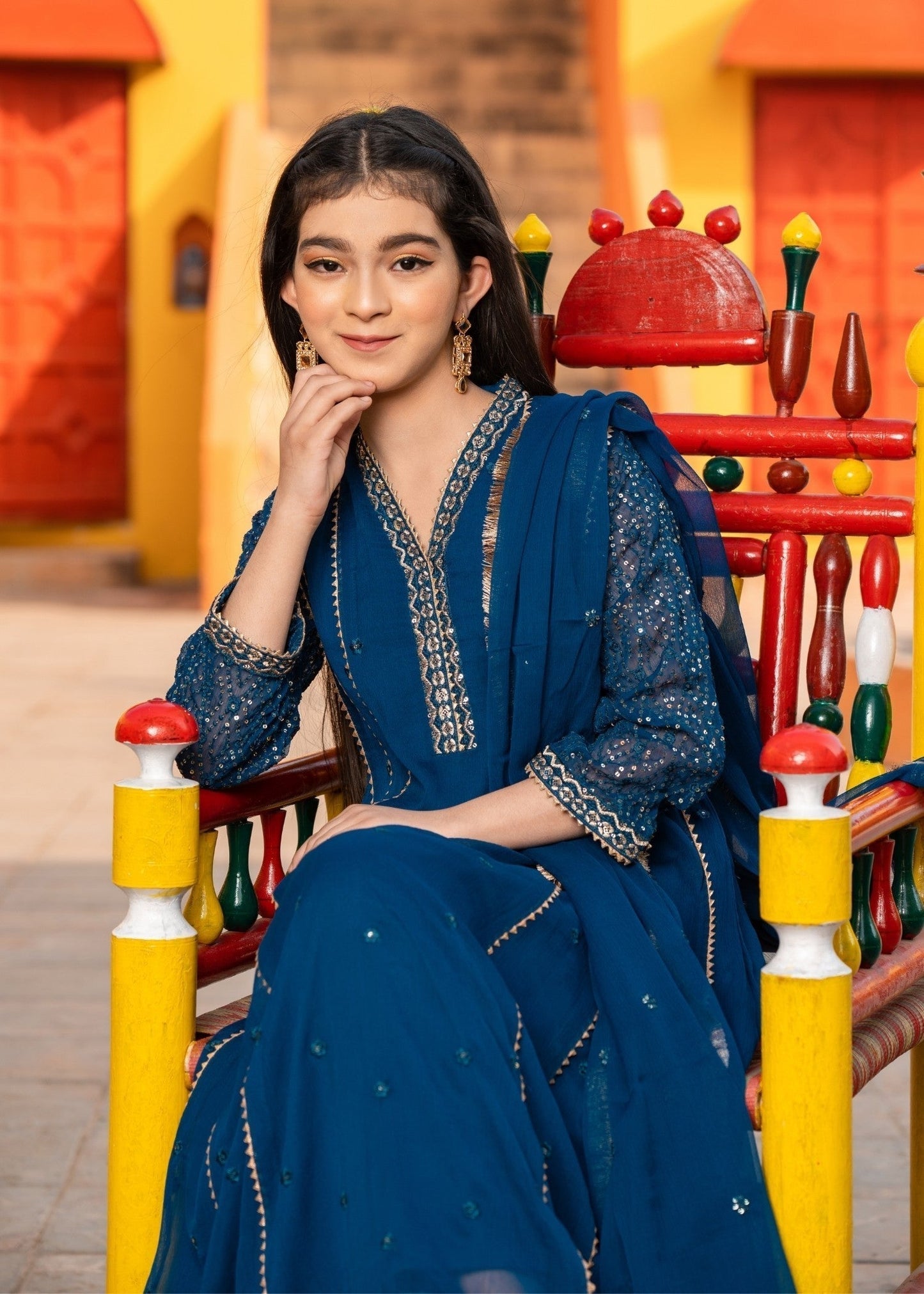 Teal Chiffon Embroidered Girls Festive Wear Online in Sri Lanka India Australia