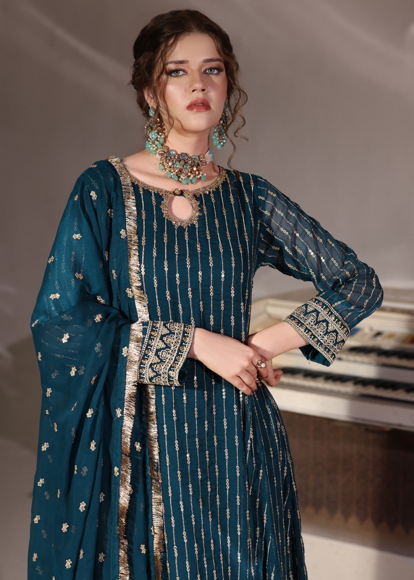 Teal Chiffon Embroidered Partywear Pishwas Online in Sri Lanka India Australia