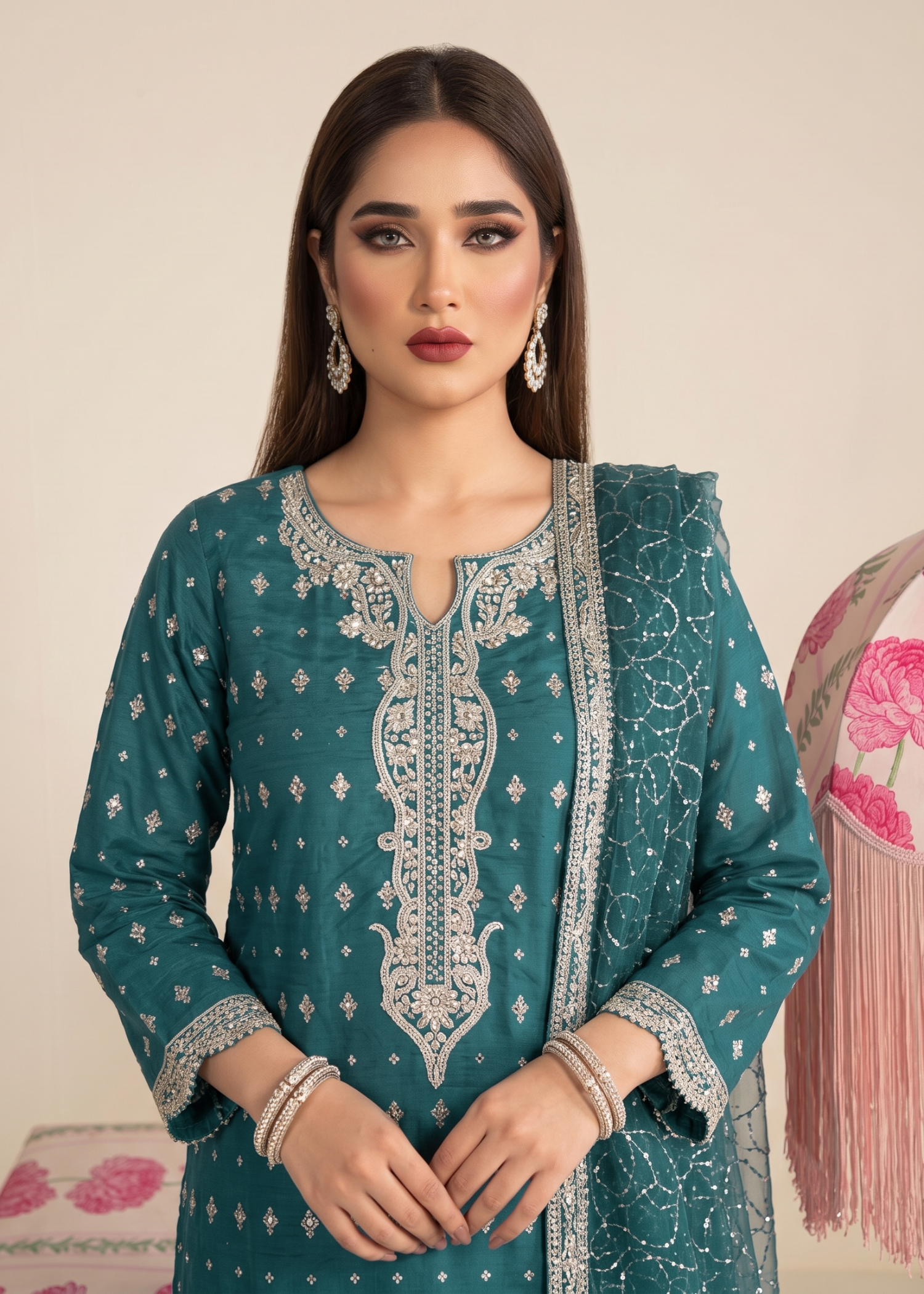 Teal Chiffon Embroidered Three Piece Suit Online in Dubai UAE Abudhabi Ajman Sharjah
