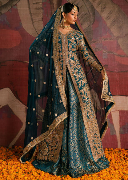 Teal Chiffon Embroidered Three Piece Suit Online in UK USA Canada