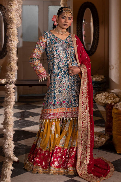 Teal Chiffon Flared Gharara Kurti Dupatta Online in Dubai UAE Abudhabi Ajman Sharjah
