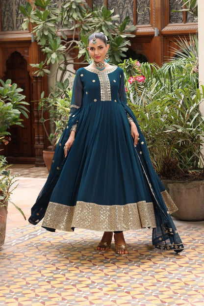 Teal Chiffon Flared Pishwas Partywear Suit Online in Dubai UAE Abudhabi Ajman Sharjah
