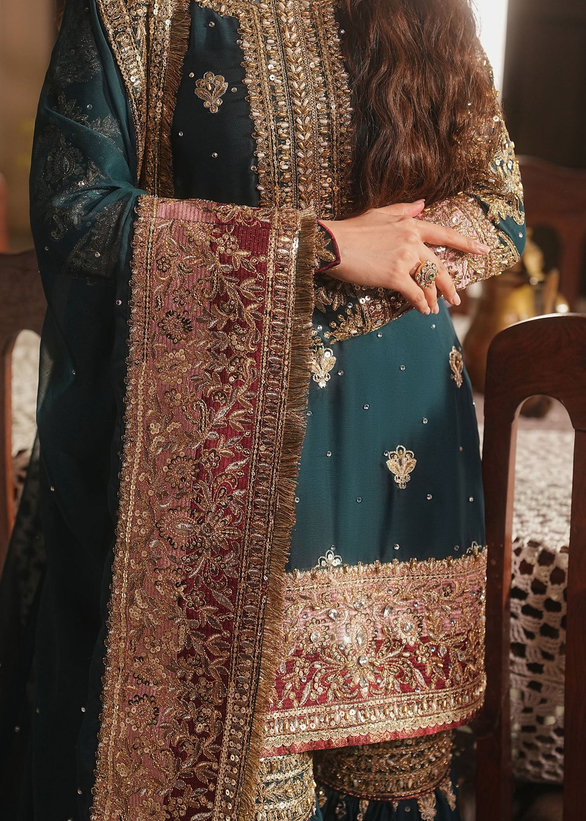 Teal Chiffon Gharara with Dupatta Online in Dubai UAE Abudhabi Ajman Sharjah