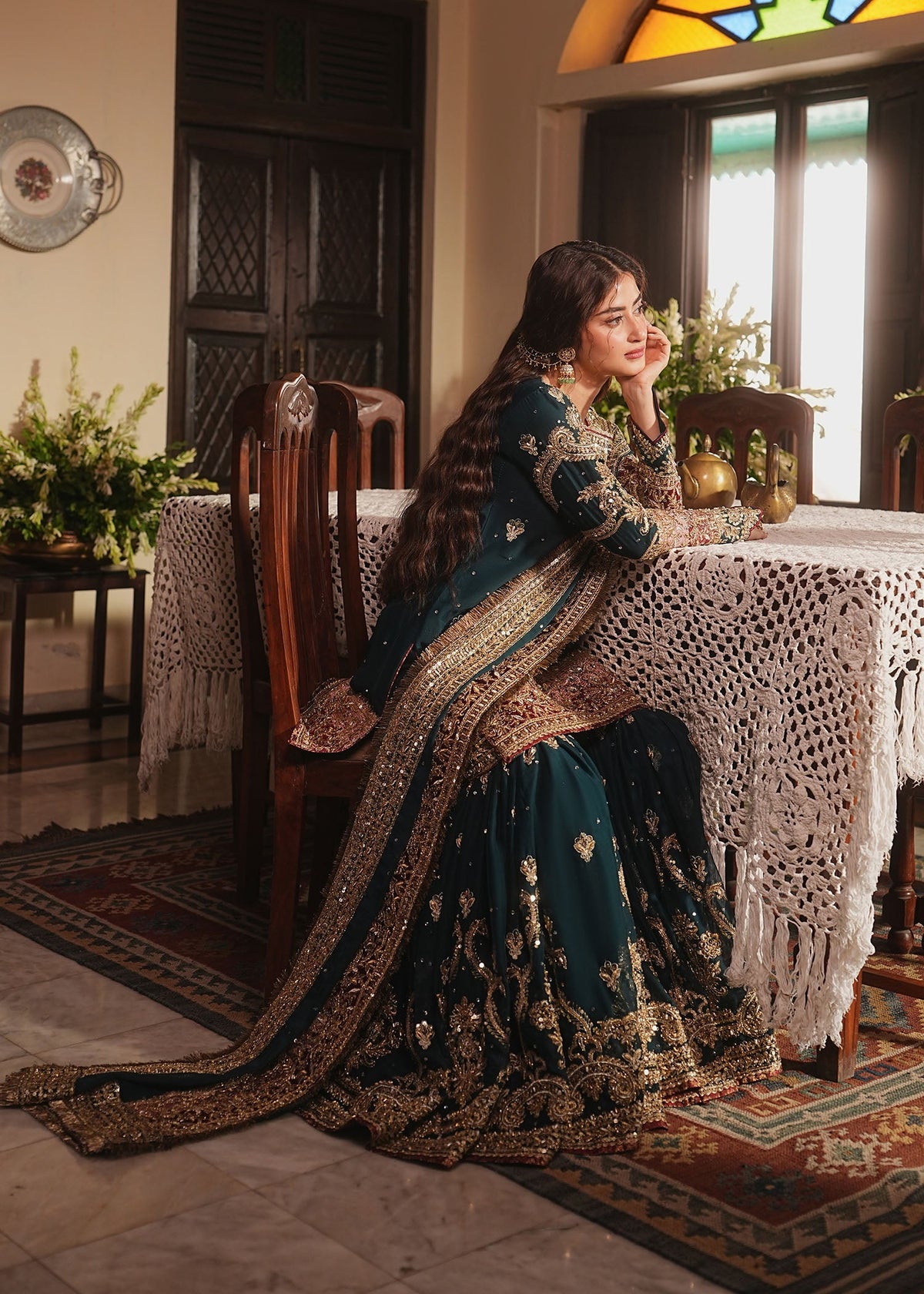 Teal Chiffon Gharara with Zardozi Work Online in Sri Lanka India Australia
