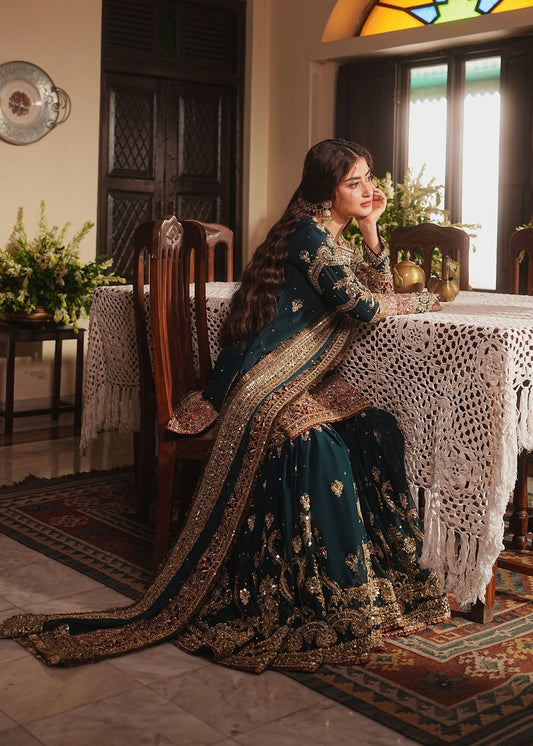 Teal Chiffon Gharara with Zardozi Work Online in Sri Lanka India Australia