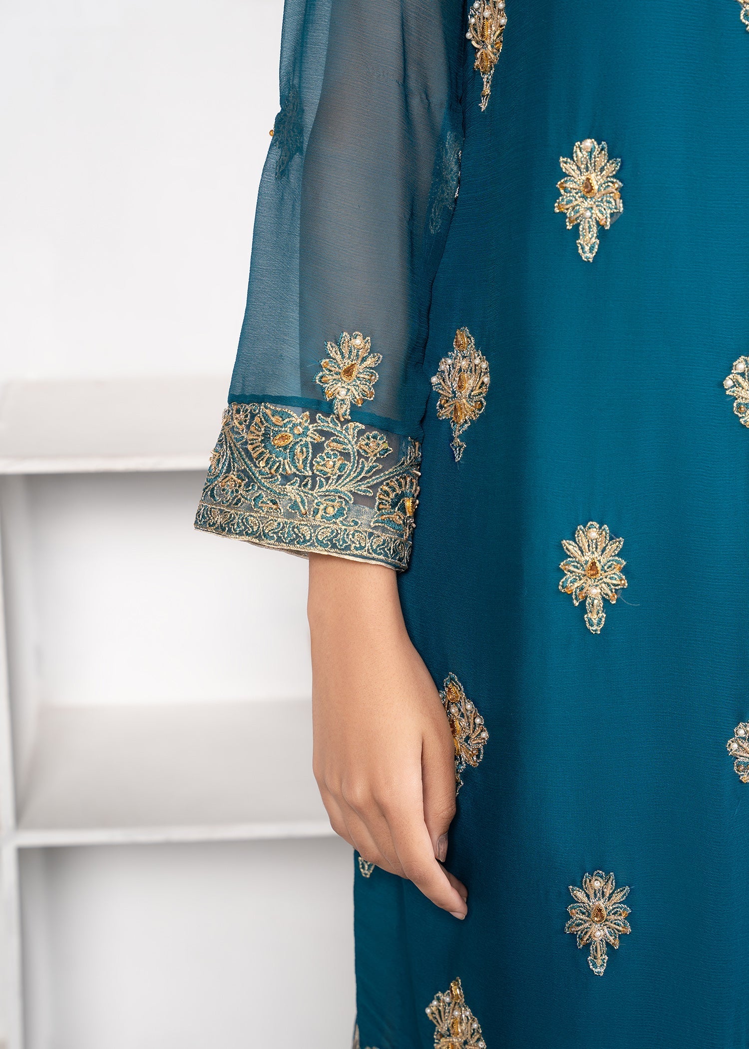 Teal Chiffon Hand Embroidered Festive Wear Online in Dubai DXB UAE Abudhabi Meena Bazaar