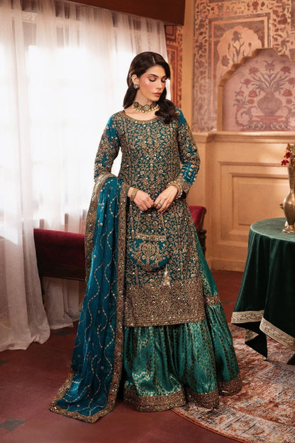 Teal Chiffon Jamawar Lehenga Choli Online in Dubai UAE Abudhabi Ajman Sharjah