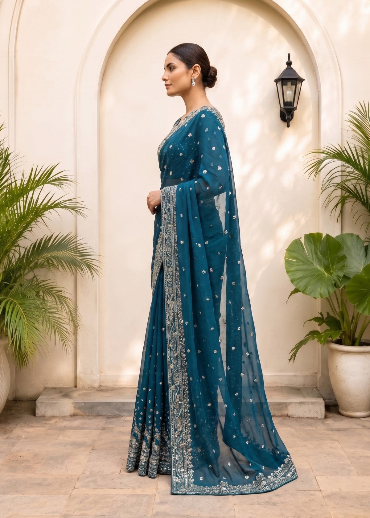 Teal Chiffon Partywear Saree Online in Sri Lanka India Australia
