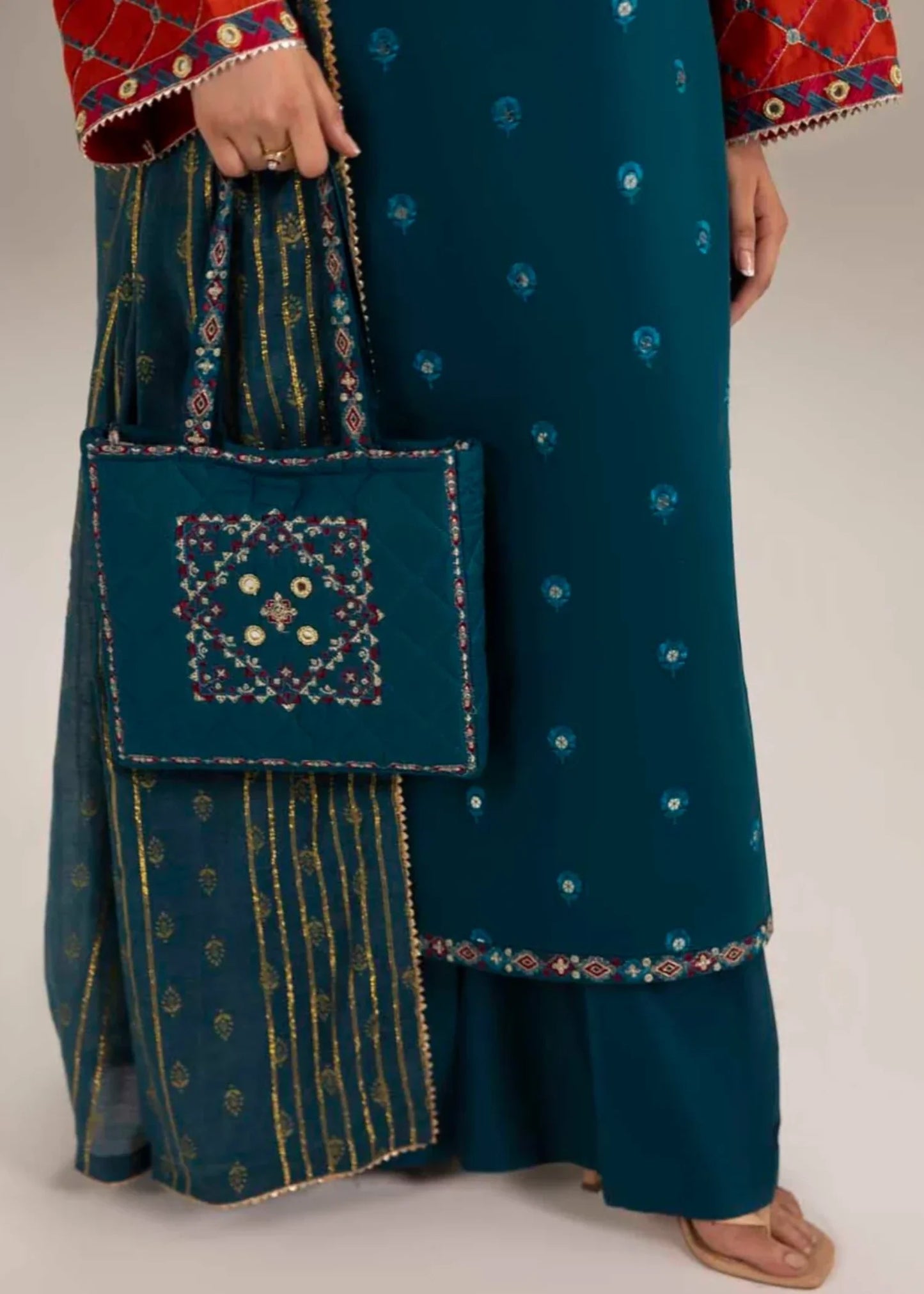 Teal Cotton Dress Material with Tassel Mirror Work Online in Dubai DXB UAE Abudhabi Meena Bazaar