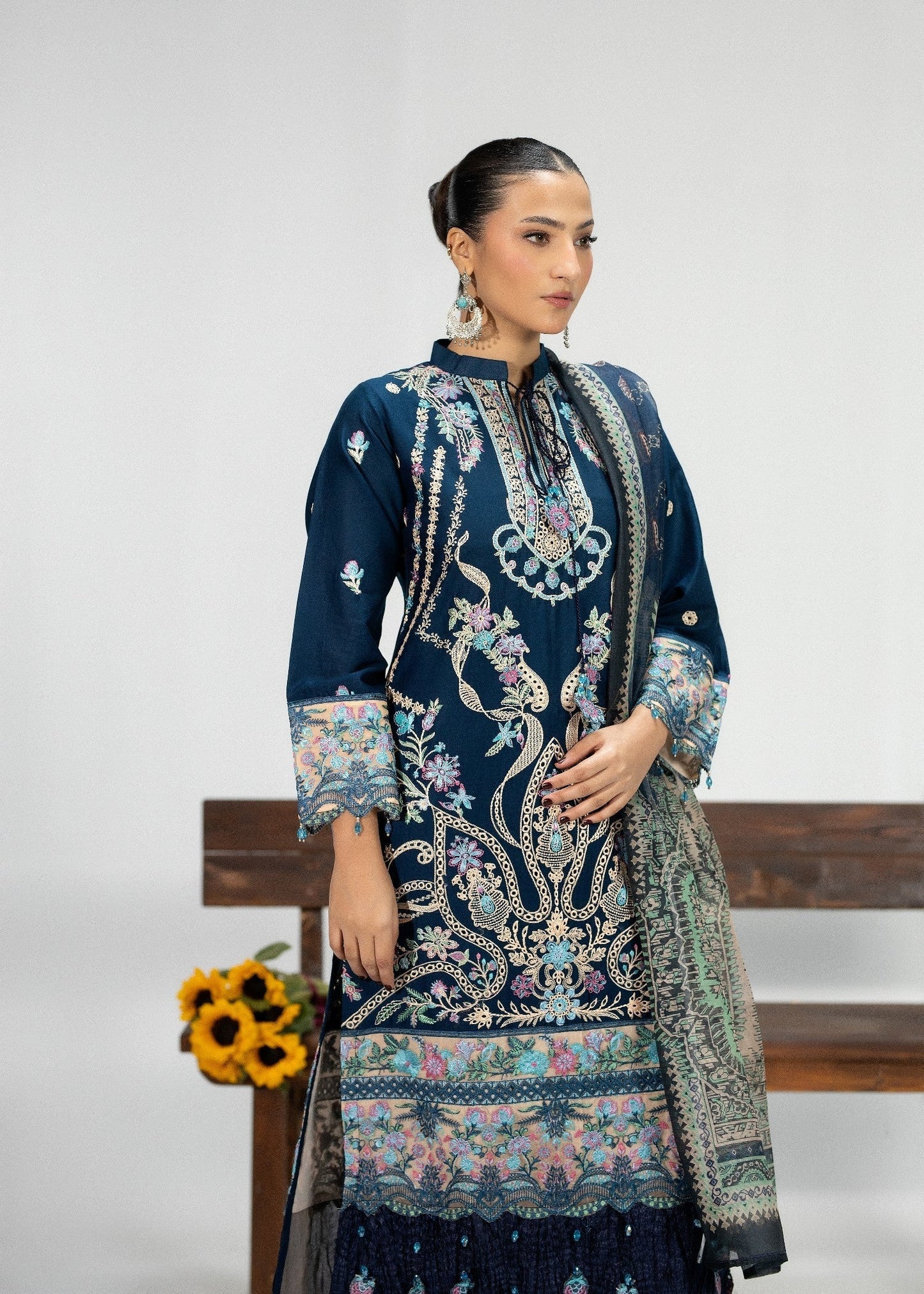 Teal Cotton Embroidered 3 Piece Suit Online in Dubai DXB UAE Abudhabi Meena Bazaar