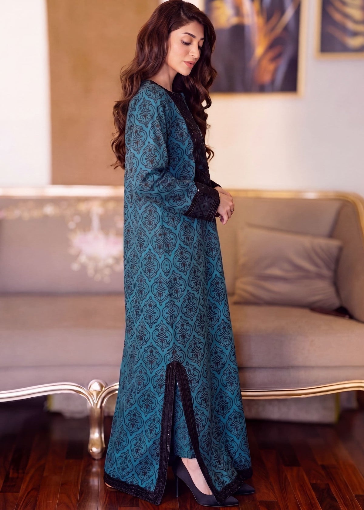 Teal Cotton Kaftan Online in Dubai UAE Abudhabi Ajman Sharjah