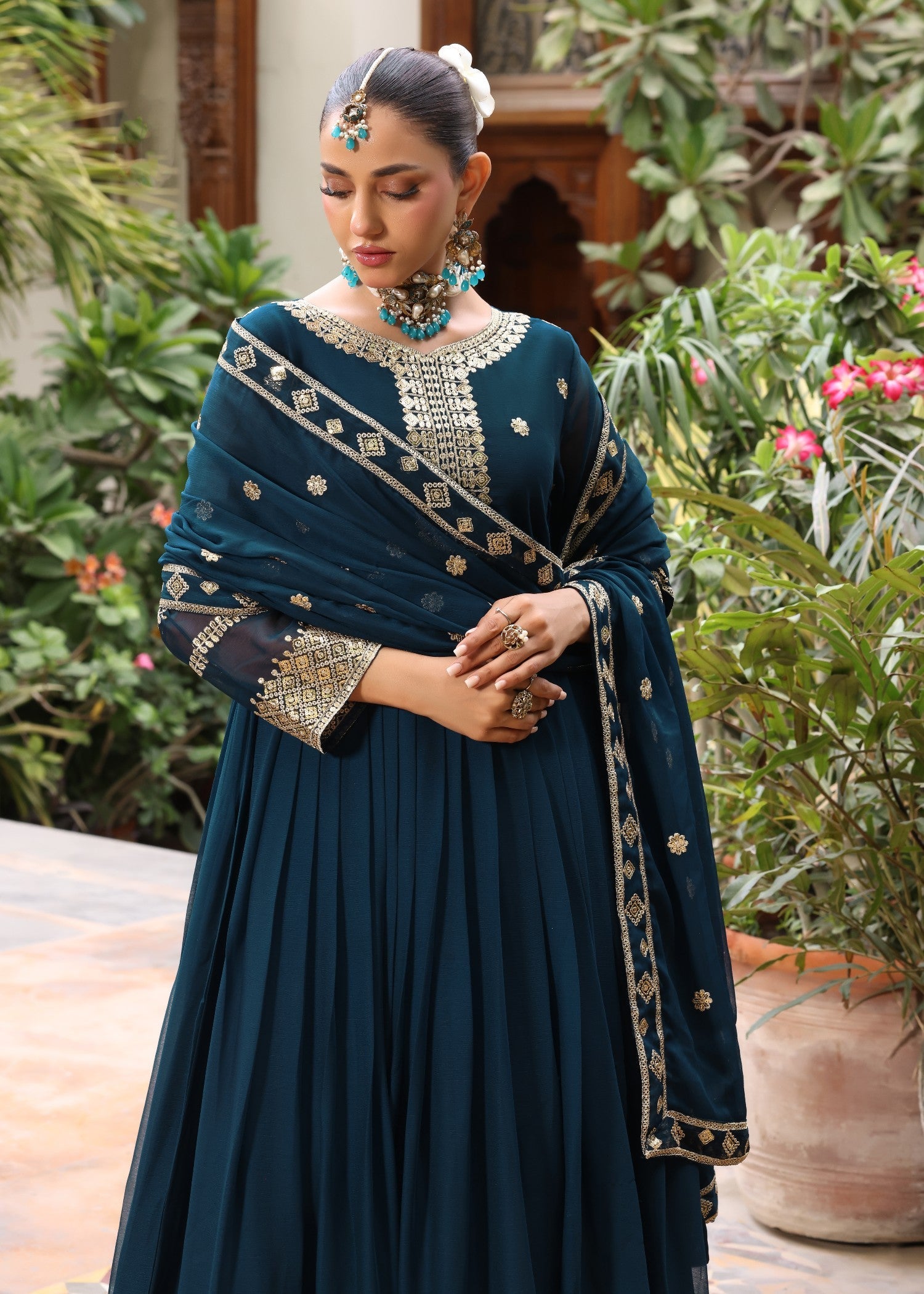Teal Crepe Trouser Pishwas Set Online in UK USA Canada