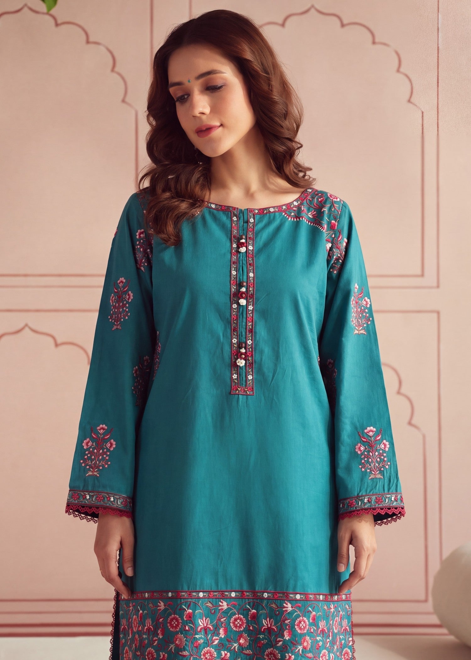 Teal Dark Cyan Lawn Kurta with Plazzo Online in Dubai DXB UAE Abudhabi Meena Bazaar