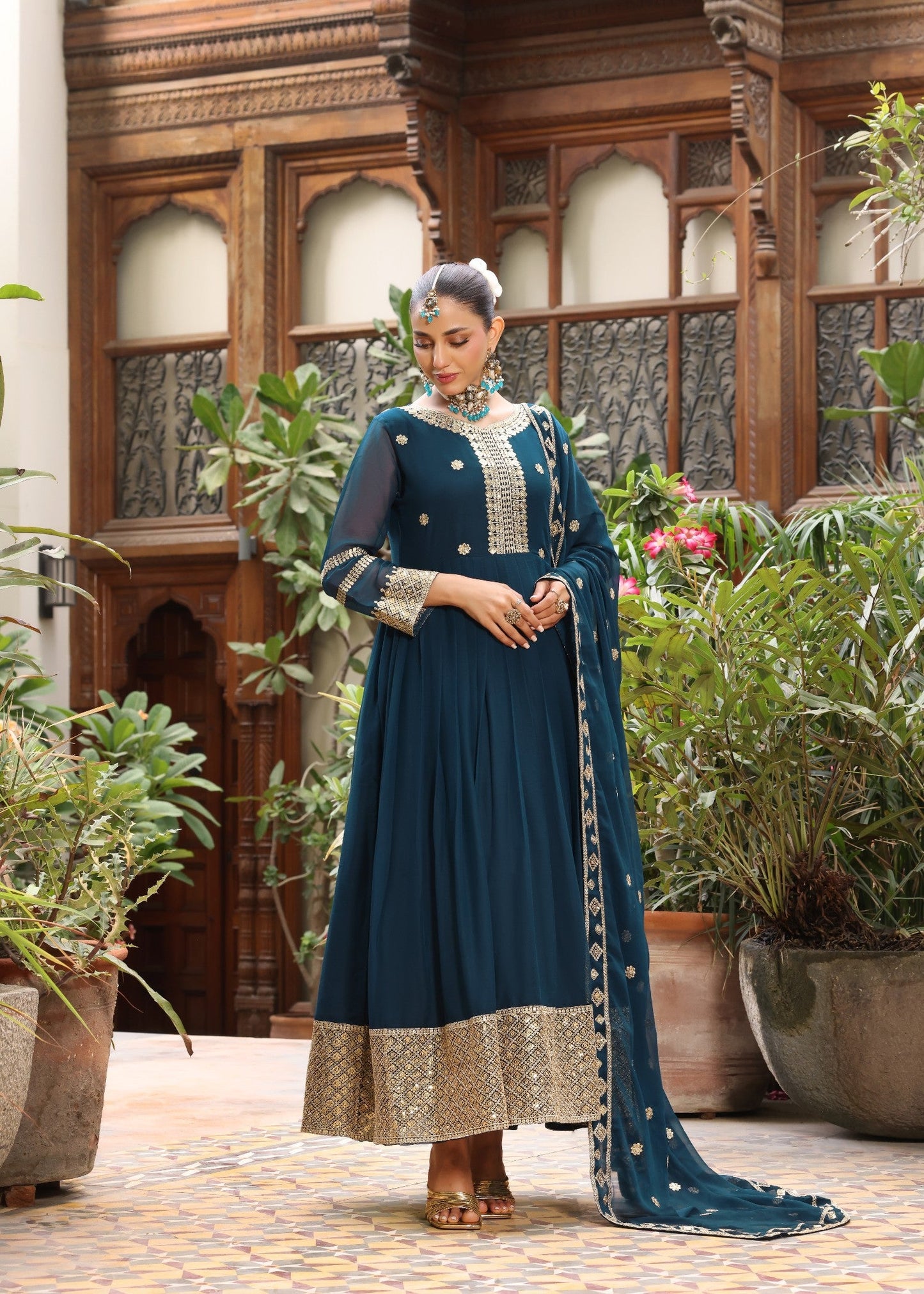 Teal Embellished Chiffon Festive Wear Suit Online in Sri Lanka India Australia