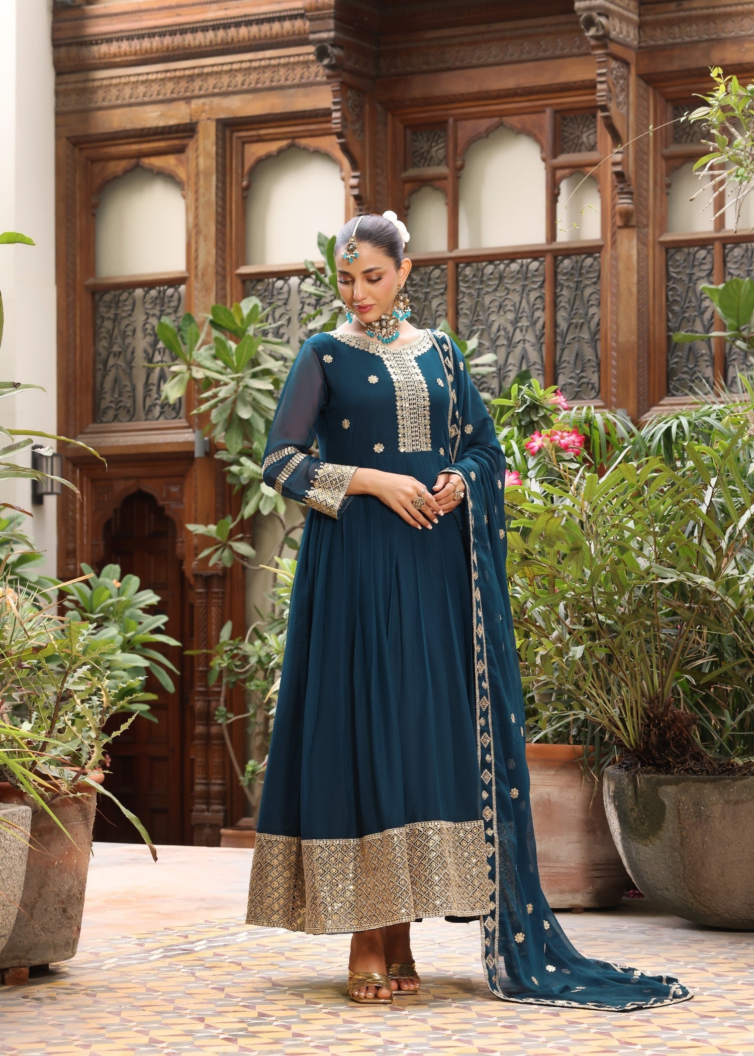 Teal Embellished Chiffon Festive Wear Suit Online in Sri Lanka India Australia