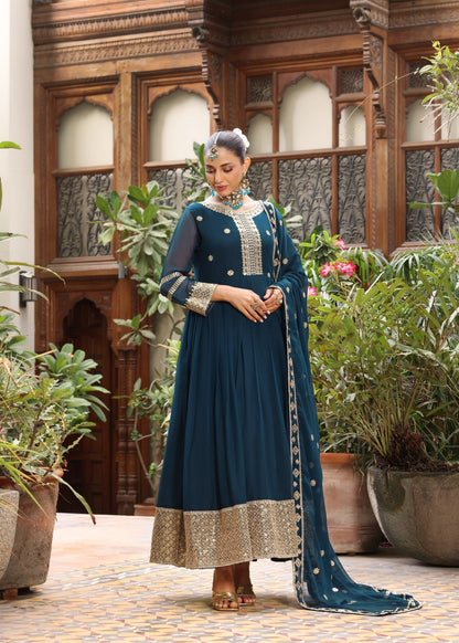 Teal Embellished Chiffon Festive Wear Suit Online in Sri Lanka India Australia