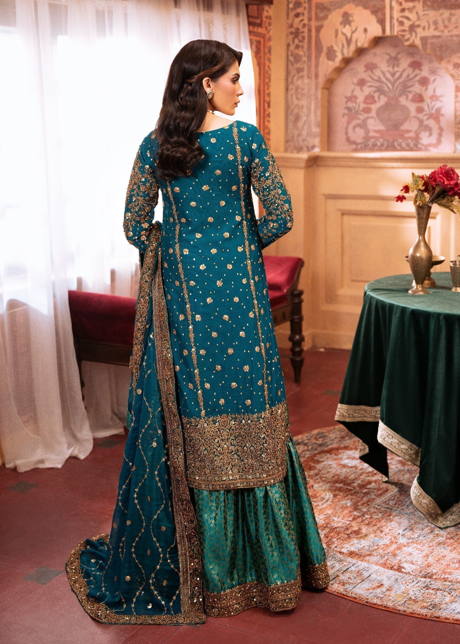 Teal Embellished Chiffon Lehenga Set Online in Dubai DXB UAE Abudhabi Meena Bazaar