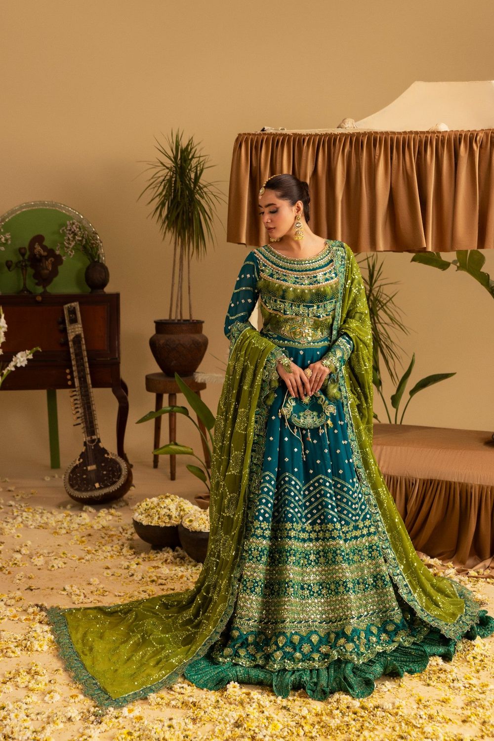 Teal Embellished Chiffon Wedding Guest Wear Online in Dubai UAE Abudhabi Ajman Sharjah