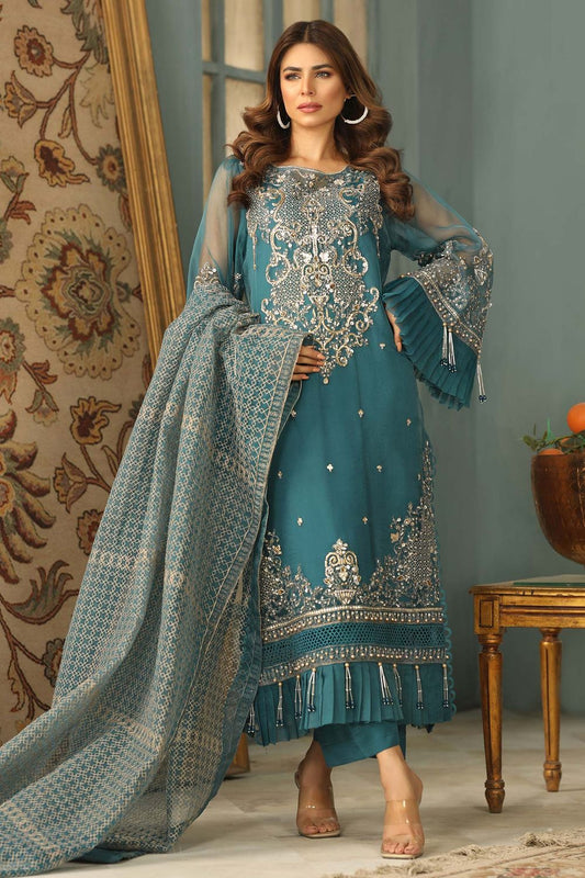 Teal Embellished Organza Festive Suit Online in Dubai UAE Abudhabi Ajman Sharjah
