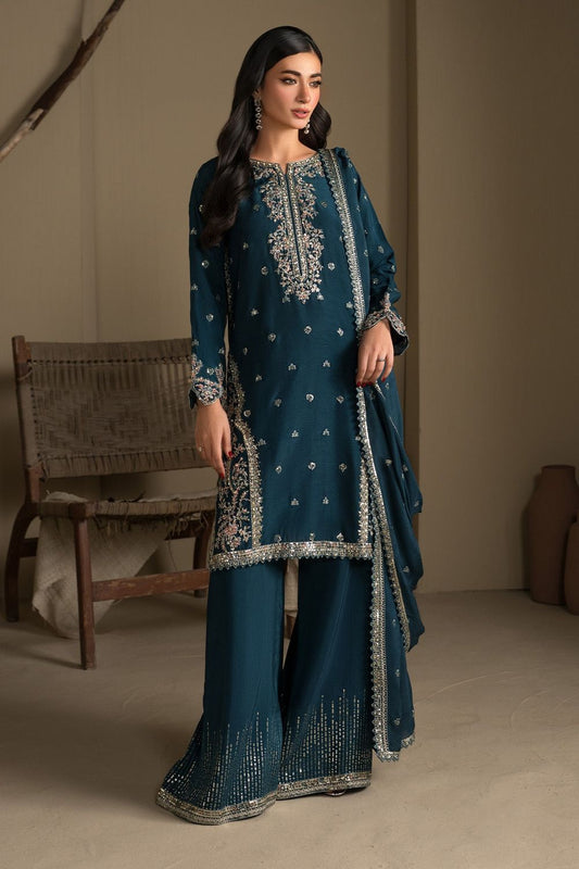 Teal Embellished Raw Silk Party Wear Suit Online in Dubai UAE Abudhabi Ajman Sharjah