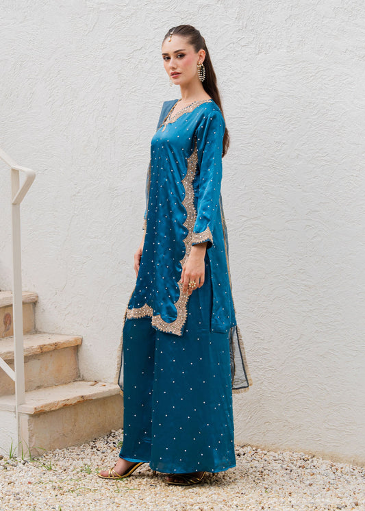 Teal Embellished Shamooz Salwar Kameez Online in KSA Riyadh Saudi Arabia Oman Bahrain Qatar