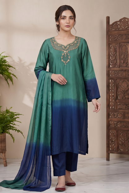 Teal Embellished Silk Party Wear Suit Online in Dubai UAE Abudhabi Ajman Sharjah