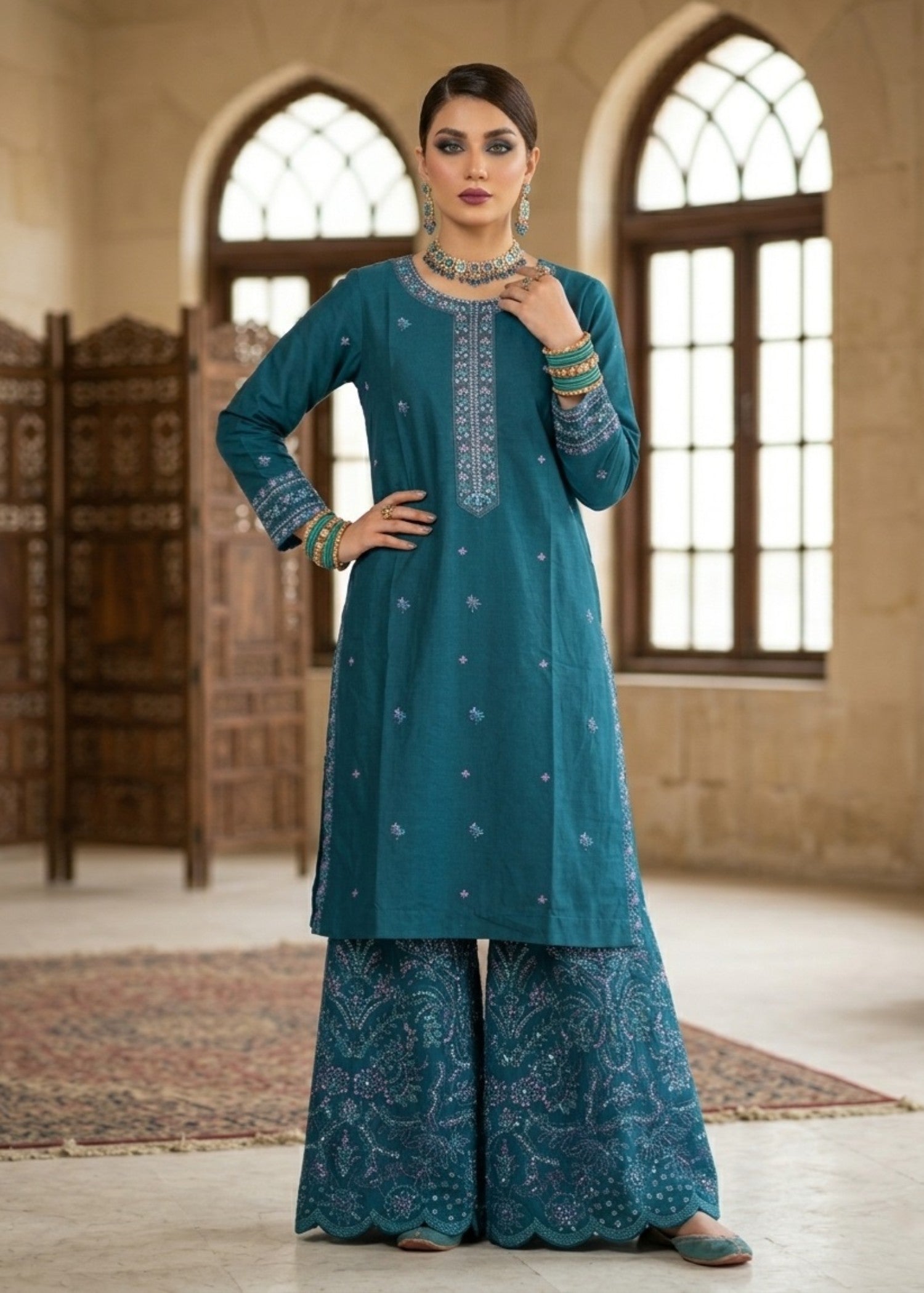 Teal Embroidered 3 Piece Suit Online in Sri Lanka India Australia