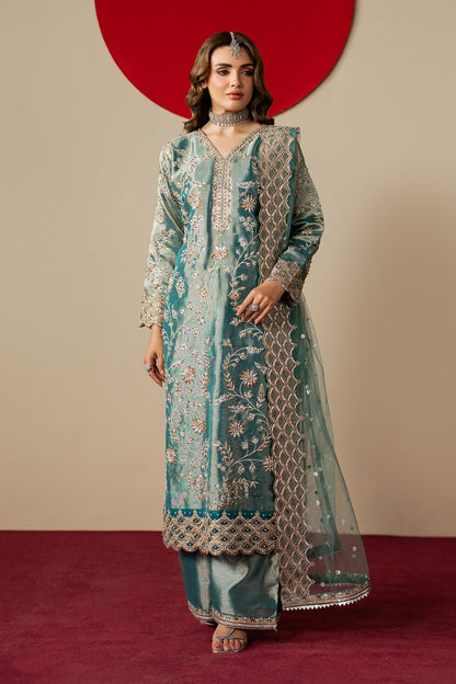 Teal Embroidered Banarasi Jacquard Partywear Suit Online in Dubai UAE Abudhabi Ajman Sharjah