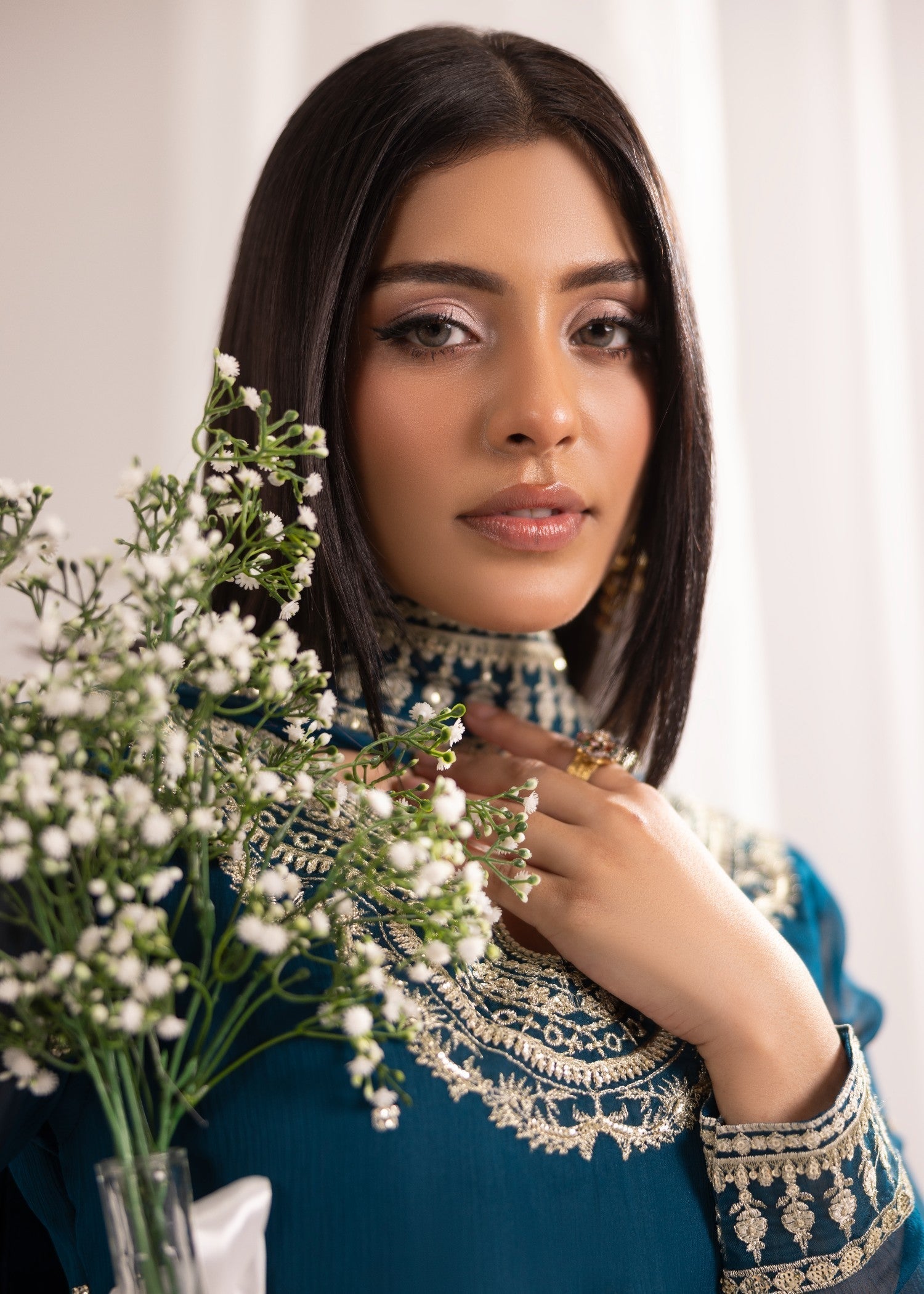 Teal Embroidered Bemberg Crinkle Chiffon Ladies Suit Online in UK USA Canada