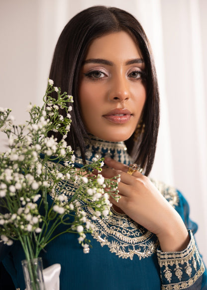 Teal Embroidered Bemberg Crinkle Chiffon Ladies Suit Online in UK USA Canada