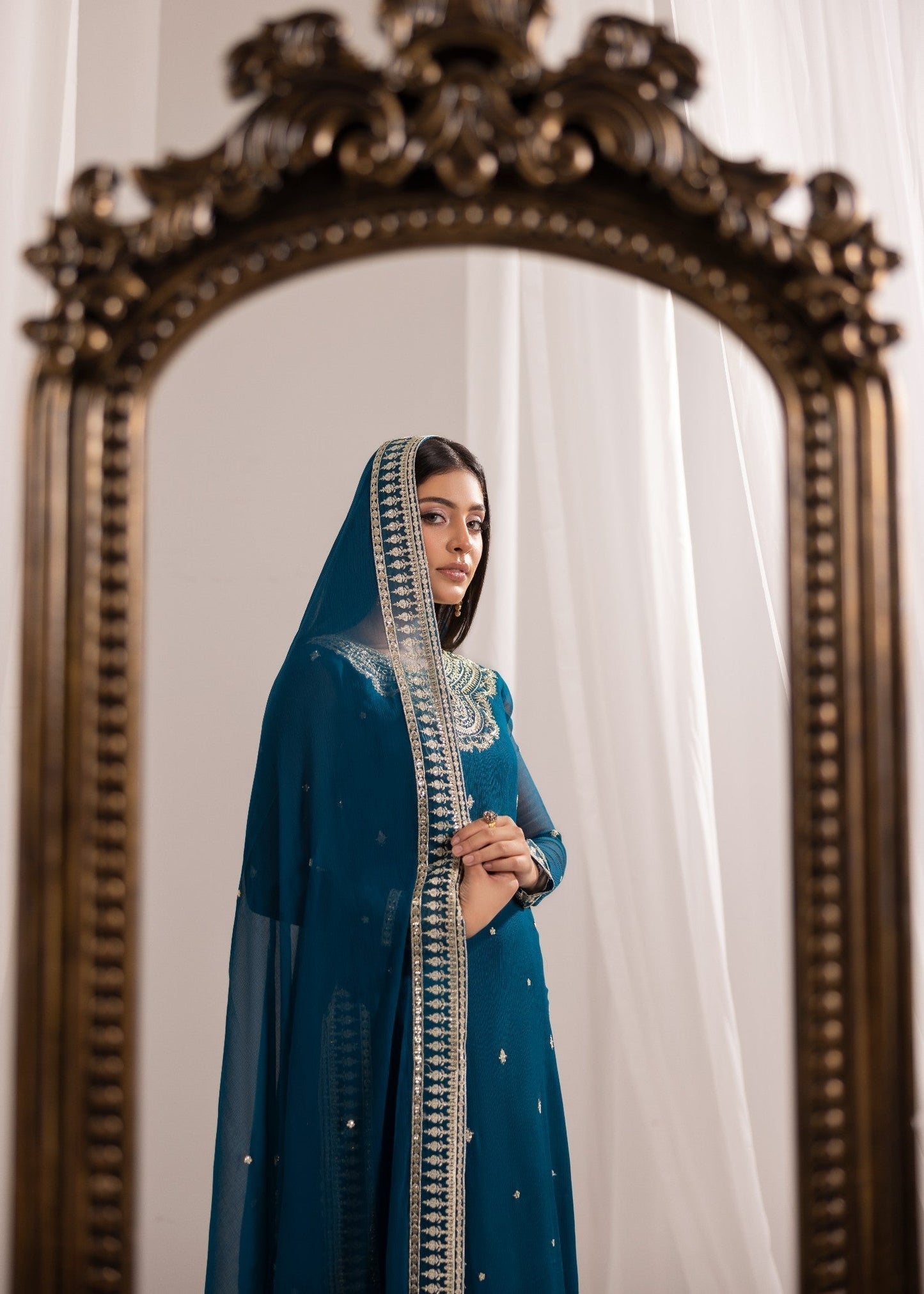 Teal Embroidered Bemberg Crinkle Chiffon Pakistani Suit Online in Dubai DXB UAE Abudhabi Meena Bazaar