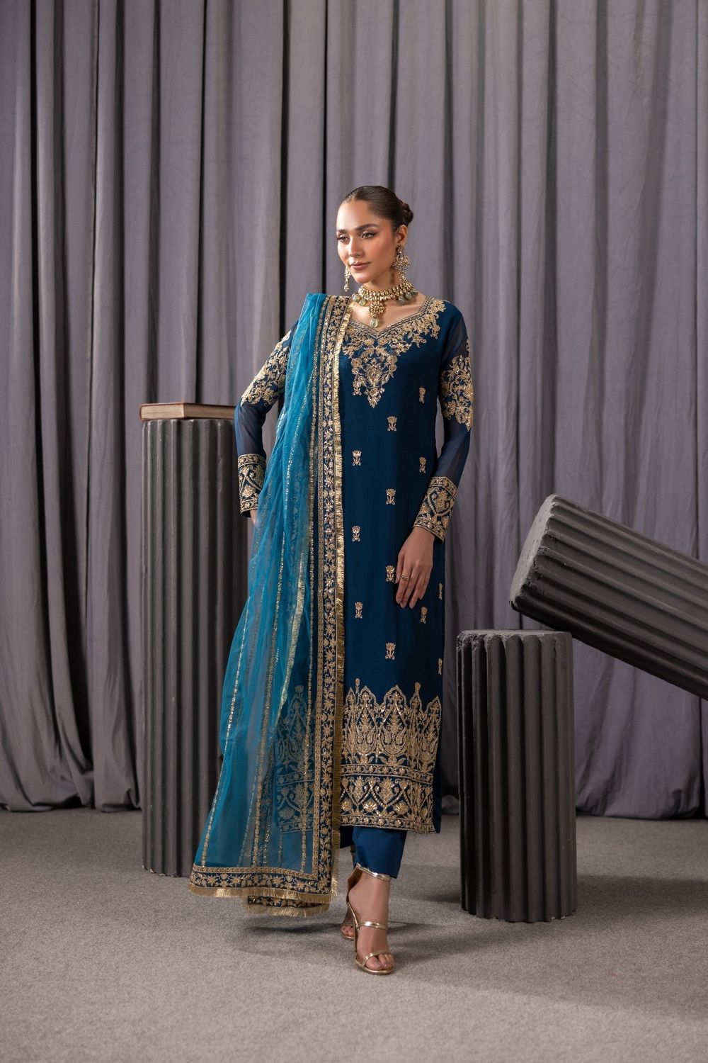 Teal Embroidered Bemberg Crinkle Chiffon Partywear Suit Online in Dubai UAE Abudhabi Ajman Sharjah
